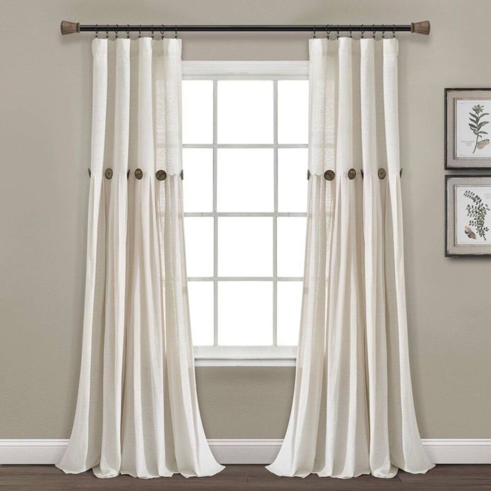 84"x40" Farmhouse Linen Button Curtain Off White - Lush Décor Cotton